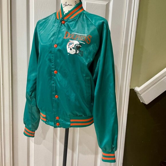 VINTAGE 80’ RETRO BOMBER SATIN JACKET NFL MIAMI DOLPHINS  TEAL/ORANGE SIZE L - Picture 16 of 16